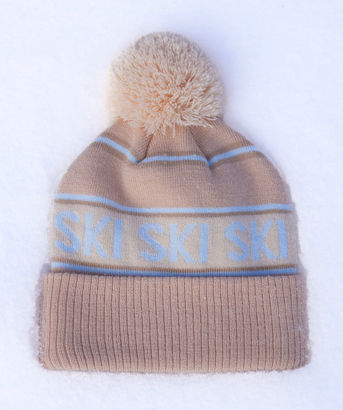 Apres ski beanie, fashion ski hat, Retro ski wear, vintage European ski knit hat, winter beanie, cream & blue beanie with pom pom