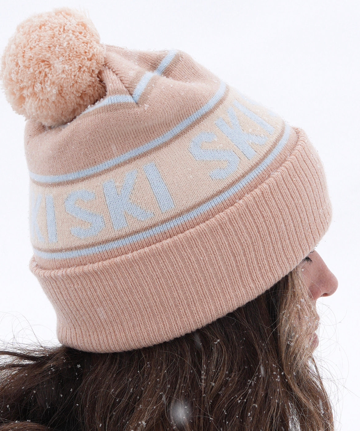 Apres ski beanie, fashion ski hat, Retro ski wear, vintage European ski knit hat, winter beanie, cream & blue beanie with pom pom