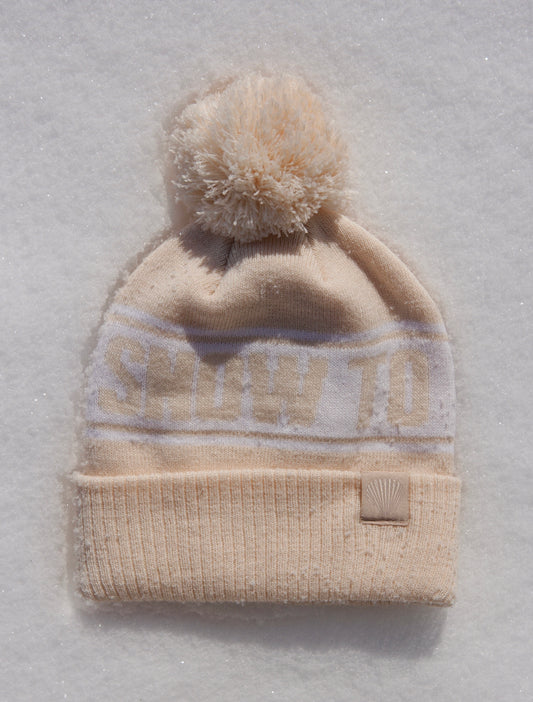 Surf girl beanie, beach girl winter hat, retro cream ski hat with pom pom, après ski hat, apres ski headwear, European ski knit headwear. Snow to sand club