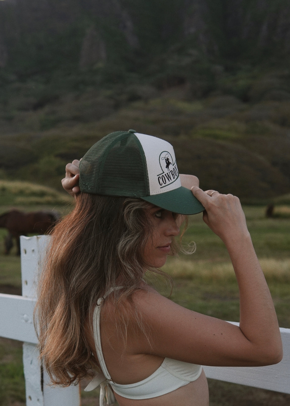 Green trucker hat, Cowboy trucker hat / ball cap. Cowboy coffee two toned, deep green & tan trucker hat.