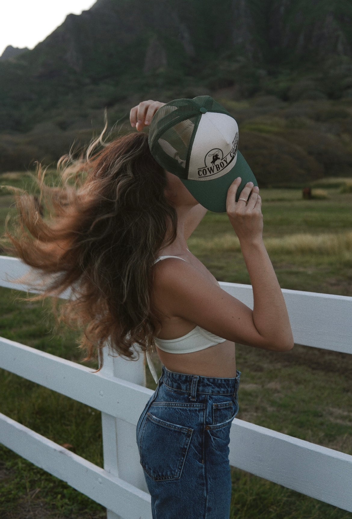Green cowboy trucker hat, Green trucker hat, Cowboy trucker hat / ball cap. Cowboy coffee two toned, deep green & tan trucker hat.