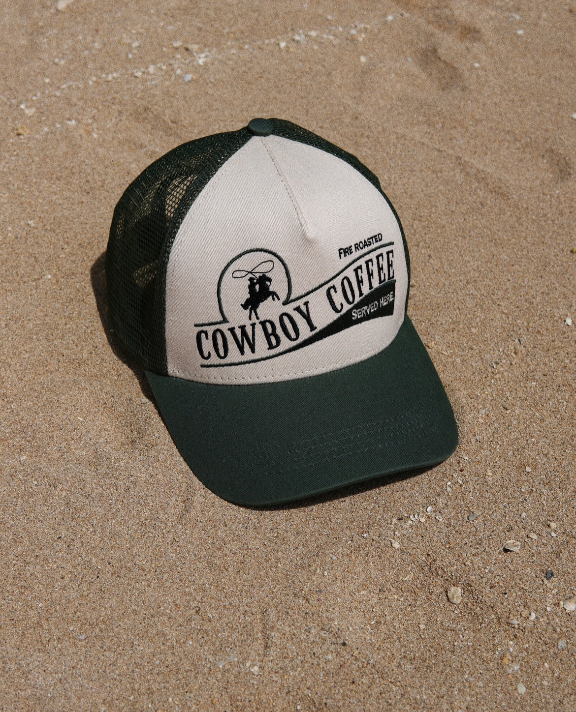 Green trucker hat, Cowboy trucker hat / ball cap. Cowboy coffee two toned, deep green & tan trucker hat.