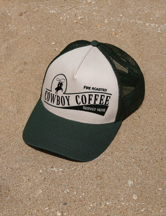 Green trucker hat, Cowboy trucker hat / ball cap. Cowboy coffee two toned, deep green & tan trucker hat