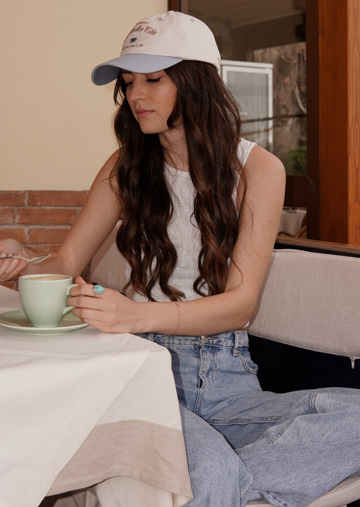 'La Dolce Vita' hat dad cap, Italian cafe culture cappuccino hat. Two toned blue & cream dad cap, satin interior ball cap. Embroidered women's Italy baseball cap