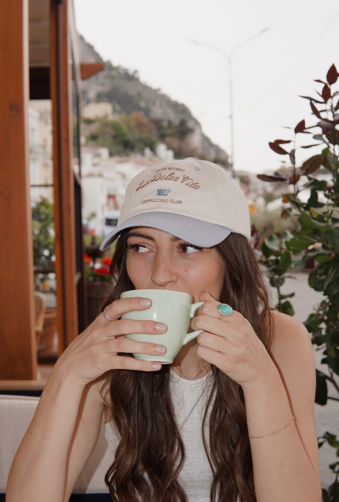 'La Dolce Vita' hat dad cap, Italian cafe culture cappuccino hat. Two toned blue & cream dad cap, satin interior ball cap. Embroidered women's Italy baseball cap
