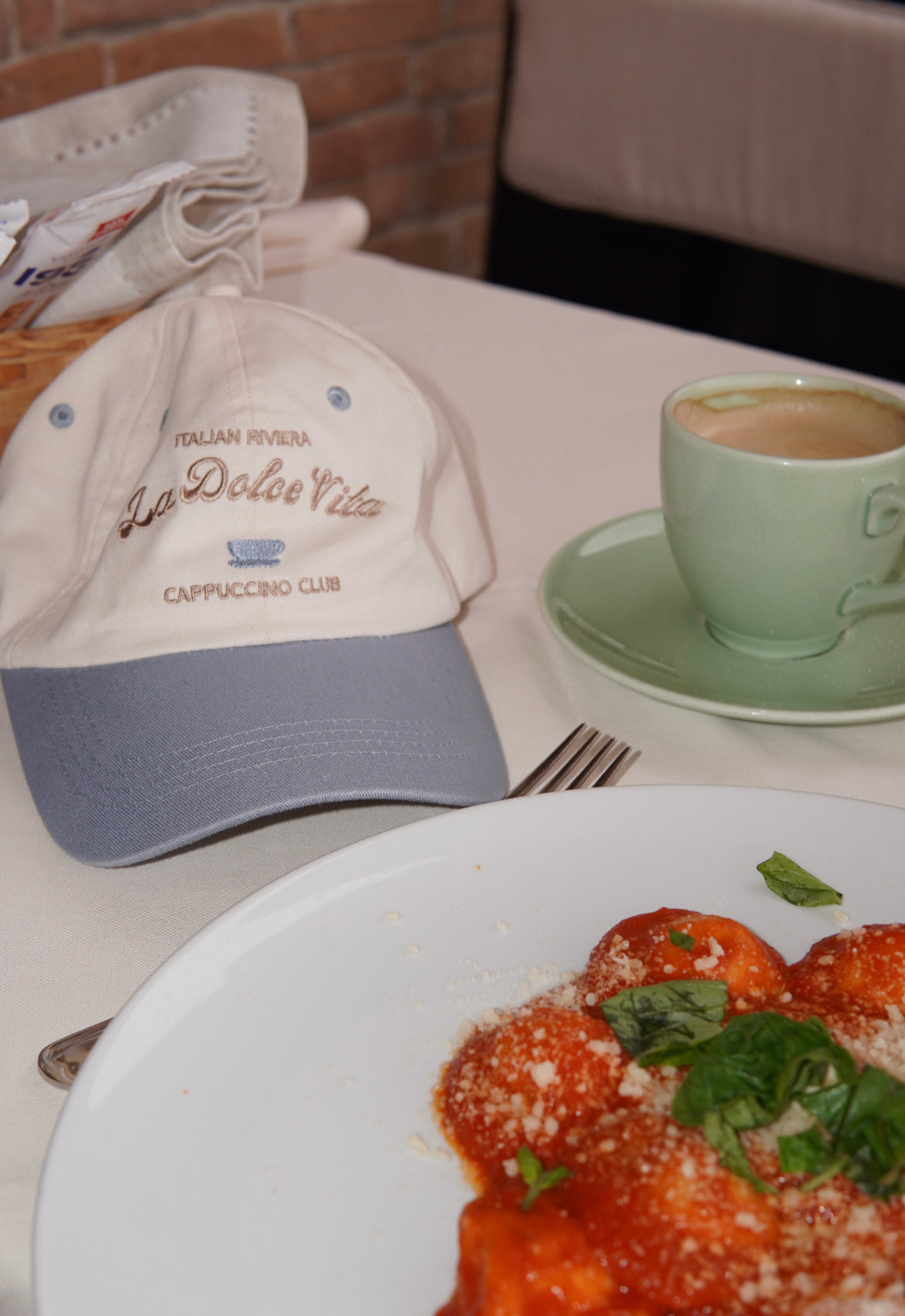 'La Dolce Vita' hat dad cap, Italian cafe culture cappuccino hat. Two toned blue & cream dad cap, satin interior ball cap. Embroidered women's Italy baseball cap