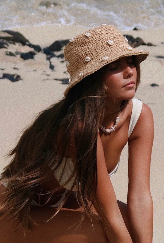 Puka Dot- Cowry Shell Raffia Bucket Hat