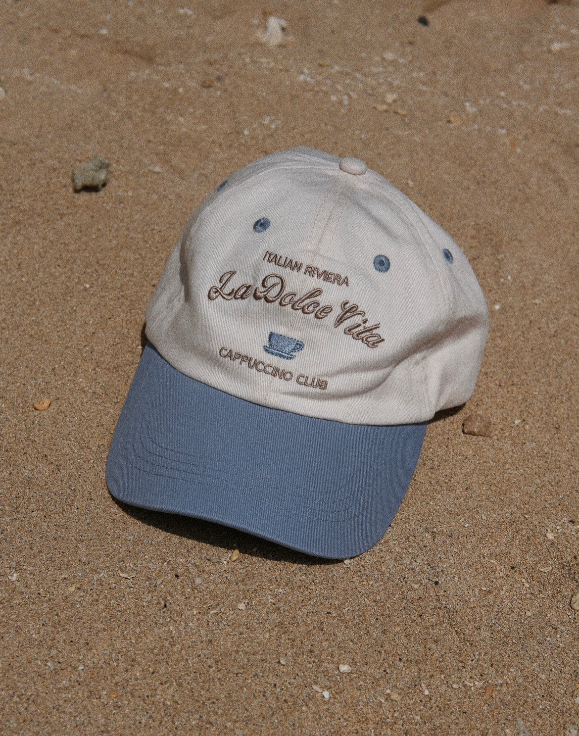 'La Dolce Vita' hat dad cap, Italian cafe culture cappuccino hat. Two toned blue & cream dad cap, satin interior ball cap. Embroidered women's Italy baseball cap
