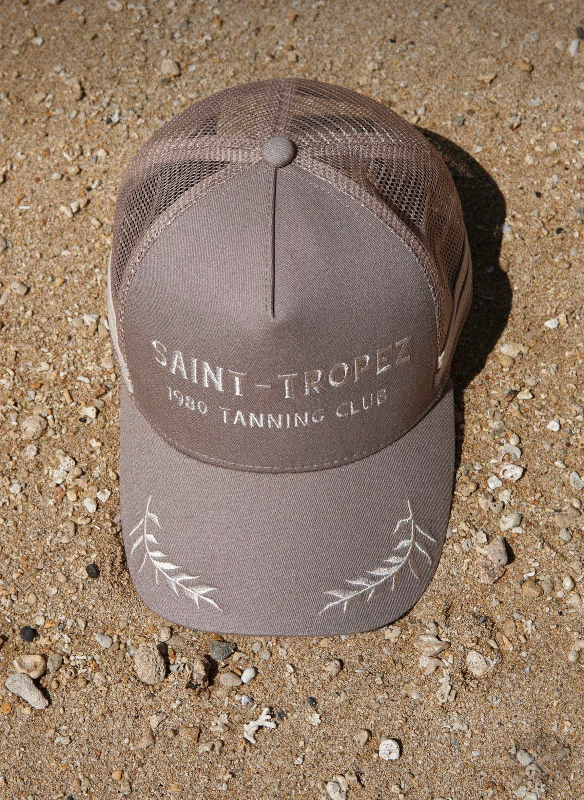Retro trucker hat, Saint Tropez in the 1980's, Tanning club ball cap. Cream embroidery on a taupe colored hat. Vintage ball cap, Saint Tropez hat