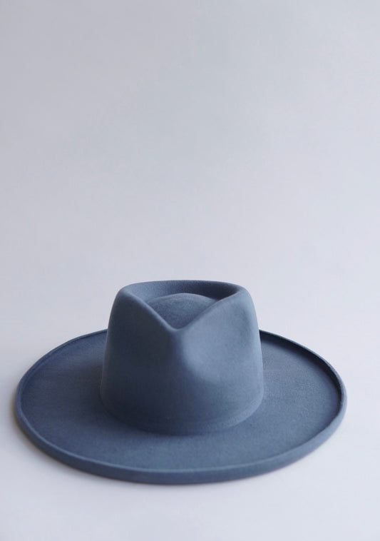 Laguna, Augustine hat co, Blue wide brim hat, pencil brimmed hat, no lack of color, rancher hat, denim blue hat, gardening hat, dark blue wide brimmed hat, sun hat, beach hat, navy fedora, boater hat, women's headwear,  Australian wool felt hat,