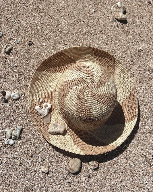 Tan & Natural striped raffia straw sun hat, Raffia bucket hat, Women's beach hat, adjustable headwear, packable vacation headwear, women's wide brimmed hat