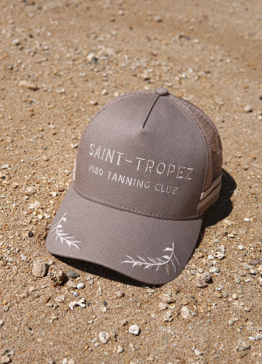 Retro trucker hat, Saint Tropez in the 1980's, Tanning club ball cap. Cream embroidery on a taupe colored hat. Vintage ball cap, Saint Tropez hat
