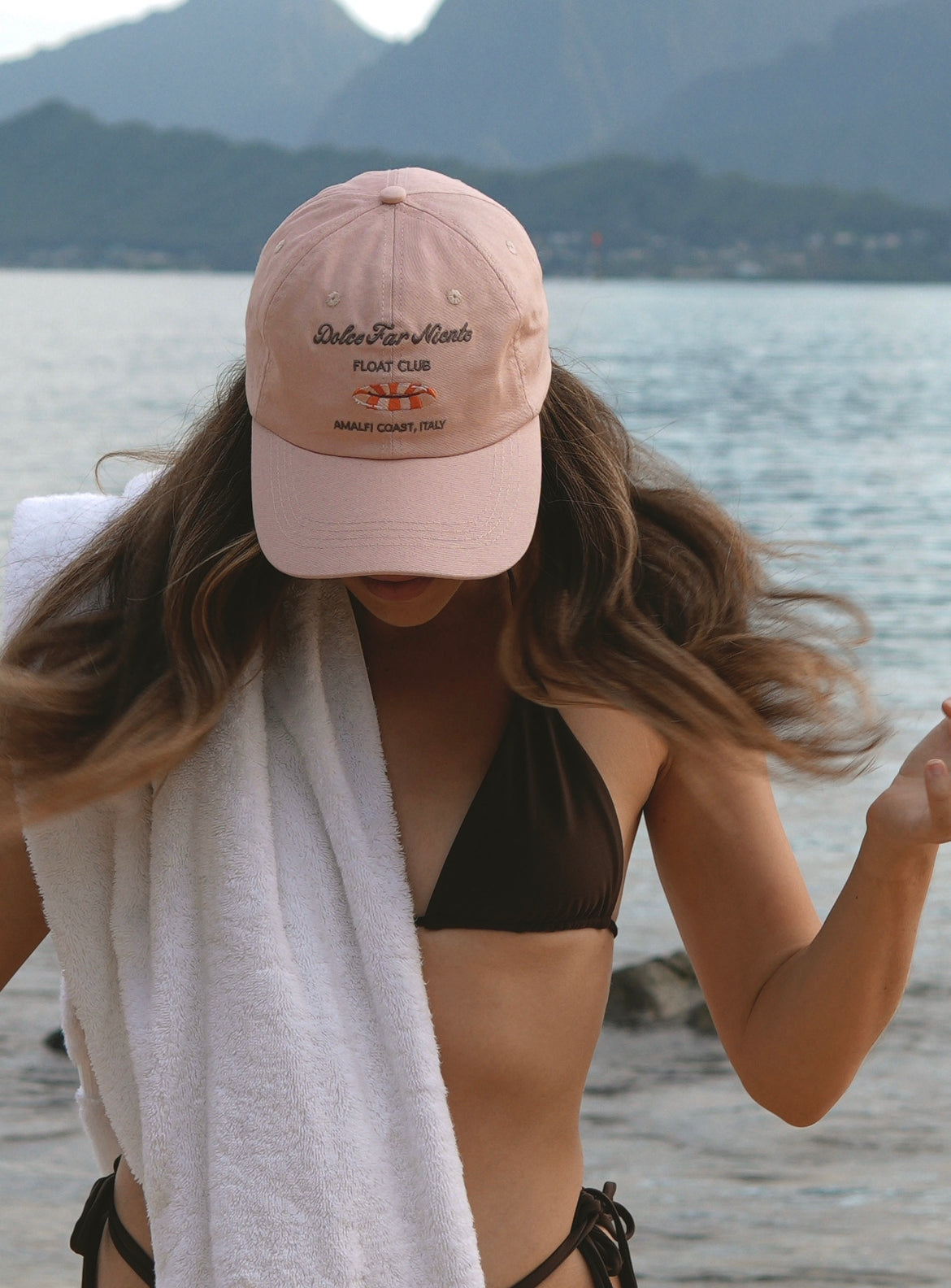 Amalfi Coast ball cap, Positano dad cap, pink women baseball cap. Dolce Far Niente, Light pink hat Italy, satin interior lining ball cap 