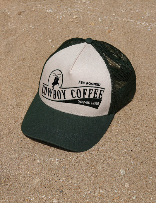Green trucker hat, Cowboy trucker hat / ball cap. Cowboy coffee two toned, deep green & tan trucker hat.